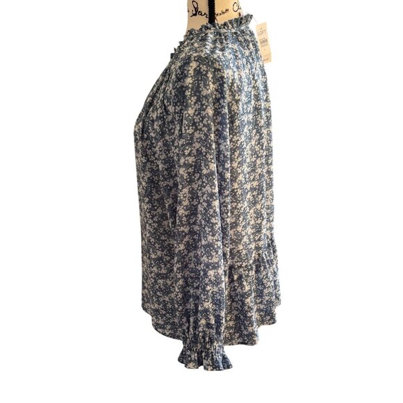 Loft Tie Neck Top Peasant Blouse Blue w/ White Stars Size Large Elastic Sleeves - Picture 2 of 9